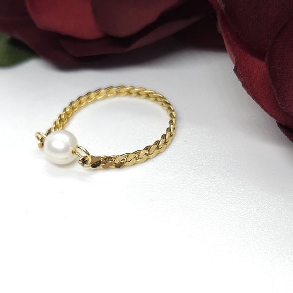 Handmade Genuine White Pearl & Gold Chain Link Ring Handmade by me Size 12 - Picture 10 of 10